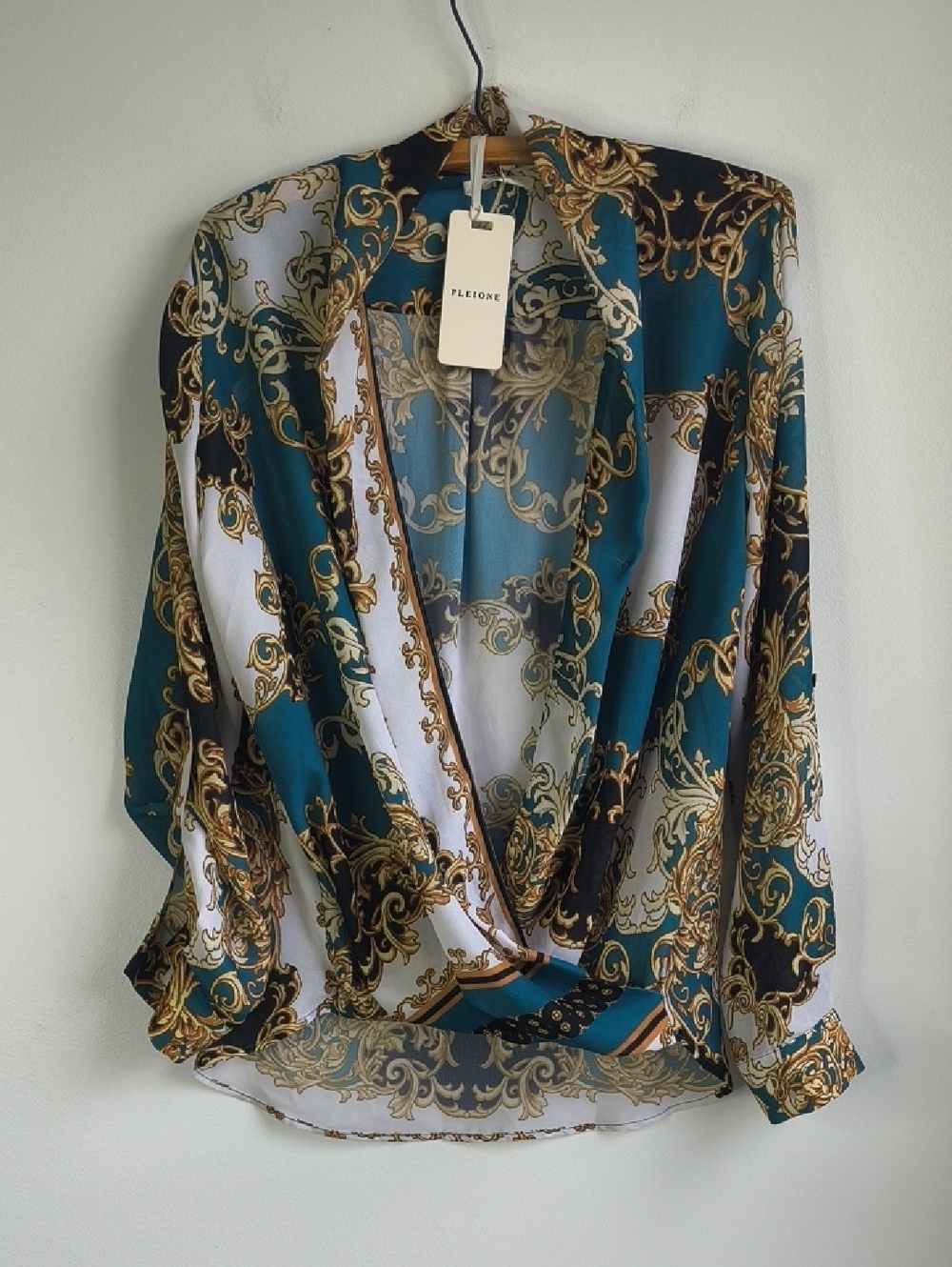 Pleione Teal, White & Gold Baroque Surplice Blouse